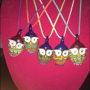 glass owl necklace leather new handmade